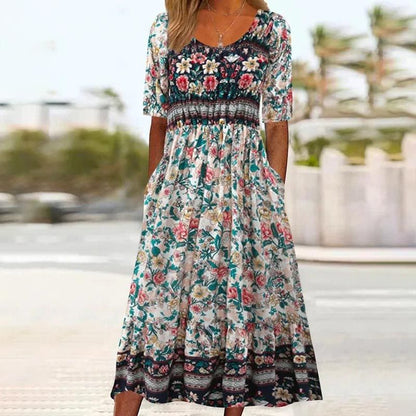 🌸✨ Elegant klänning med bohemtryck för kvinnor