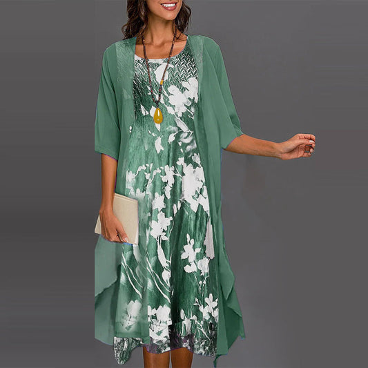 🌸Elegant 2-delat set: halvärmad blus + klänning
