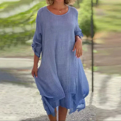 🌼Sista dagen-rea 46% OFF🌼Damklänning i elegant enfärgad rund hals med lös passform