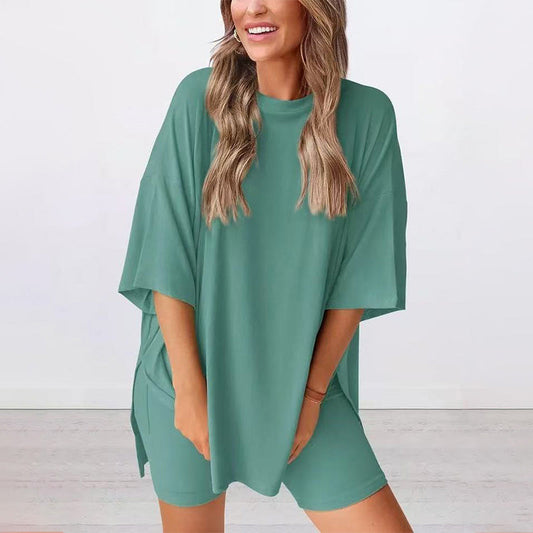 Lös Mode Enhetsfärg Casual Tvådelad Set med Kortärmad och Shorts