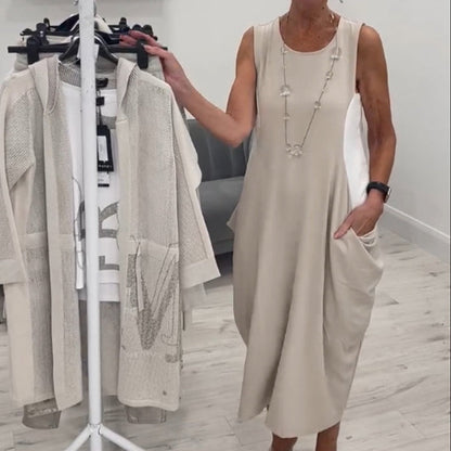 👗Enkel Klänning med Fickor och Ärmlös