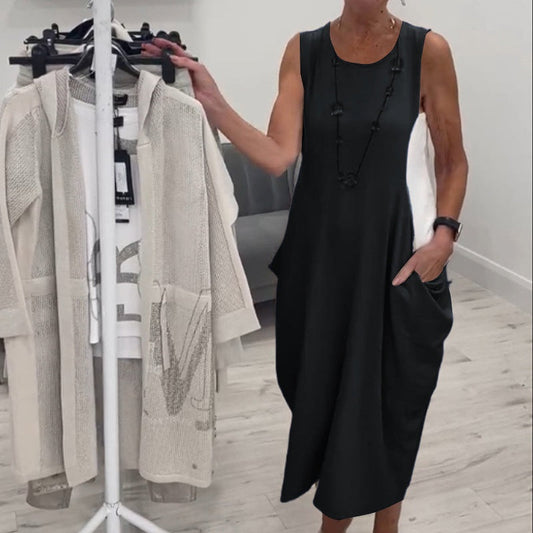👗Enkel Klänning med Fickor och Ärmlös