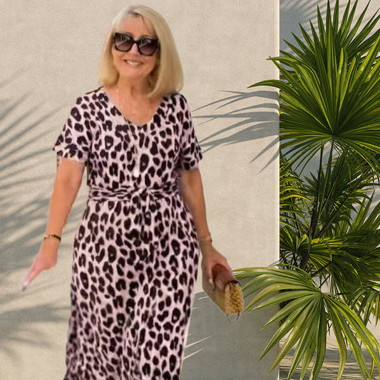 ✨Fångar sommar i vårens vind✨2025 EXTRAKAMPANJ🌸 Damens Leopardklänning med Snörliv & Djup Urringning