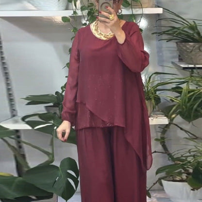 2-delat set med paljettblus och byxor med vida ben för kvinnor