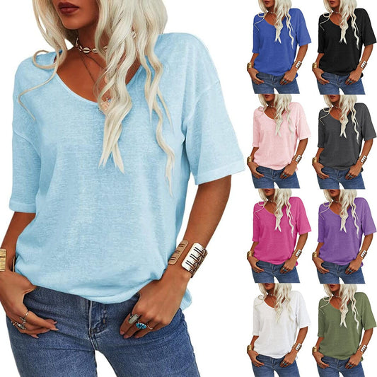 Enfärgad V-ringad T-shirt för dam