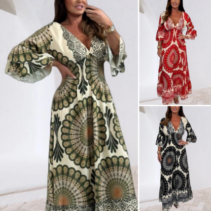 ✨Fångar sommar i vårens vind🔥Kvinnor retro boho maxiklänning med djup V-ringning🔥