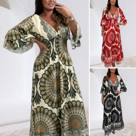 ✨Fångar sommar i vårens vind🔥Kvinnor retro boho maxiklänning med djup V-ringning🔥