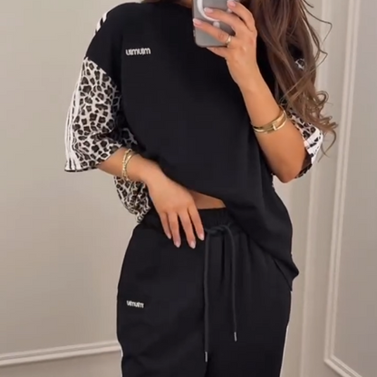 🌺 Patchwork Sweatshirt med leopardtryck