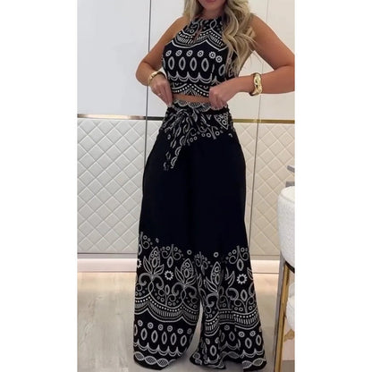 Dam Retro Mönster Etnisk Halter Ärmlös Topp Byxor med vida ben Set