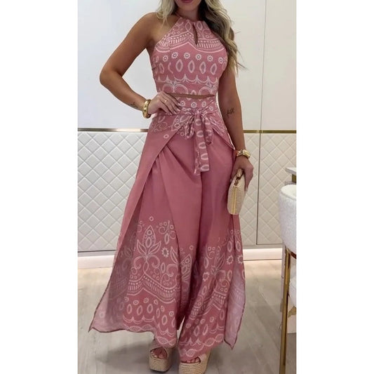Dam Retro Mönster Etnisk Halter Ärmlös Topp Byxor med vida ben Set