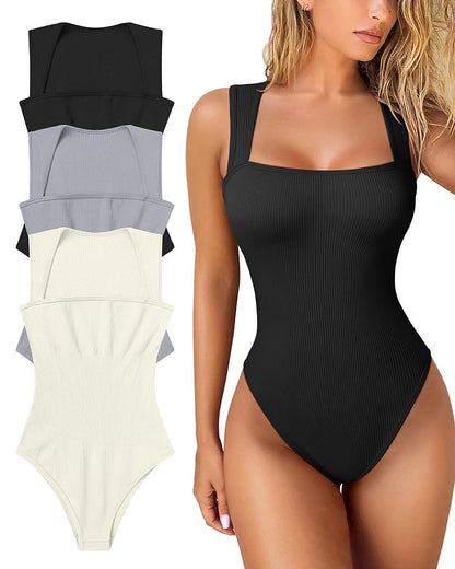 Sexig ribbad stroppig fyrkantig hals ärmlös magkontroll Tank Tops Bodysuits🩱