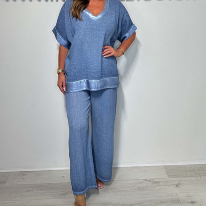 💗Chic och elegant paljett v-ringad topp med vida benbyxor tvådelat set