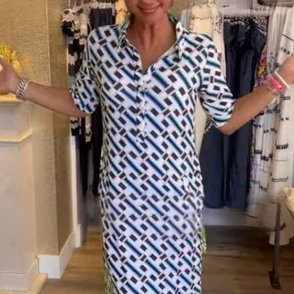 ✨Fånga sommarkänslan i vårvinden✨👗NYHET! Skjortkrage Geometrisk Print Kortärmad Klänning