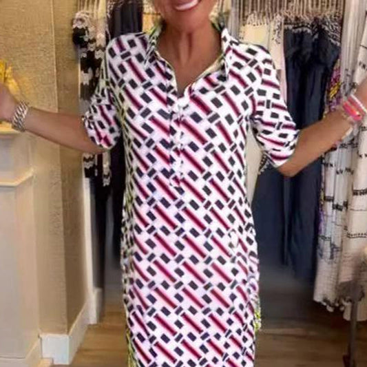 ✨Fånga sommarkänslan i vårvinden✨👗NYHET! Skjortkrage Geometrisk Print Kortärmad Klänning