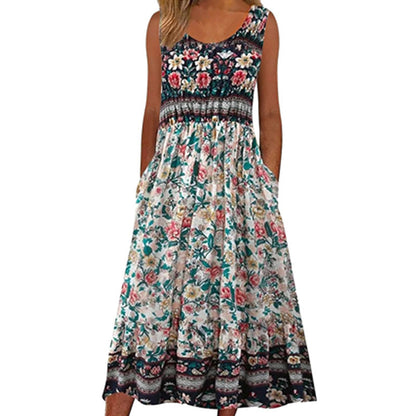 🌸 Crushed Floral Tryckt breda band Halter Pocket Klänning i bomull🔥Köp 2 och få fri frakt