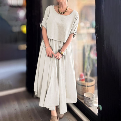 💐✨Bekvämt och elegant tvådelat set med blus med rund hals och kjol i bomull och linne för kvinnor