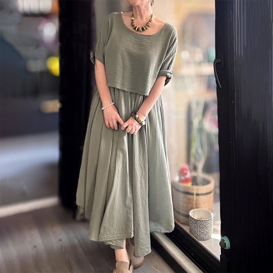 💐✨Bekvämt och elegant tvådelat set med blus med rund hals och kjol i bomull och linne för kvinnor