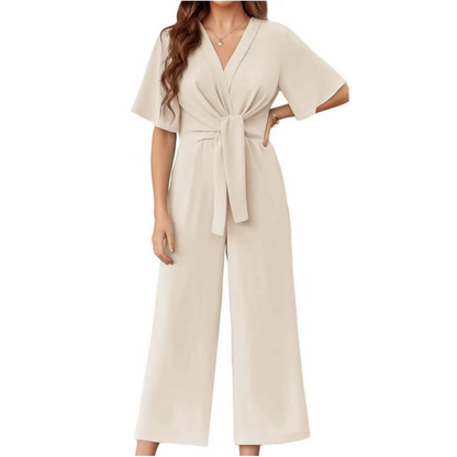Elegant V-ringad jumpsuit med vida ben och knytband i midjan för kvinnor