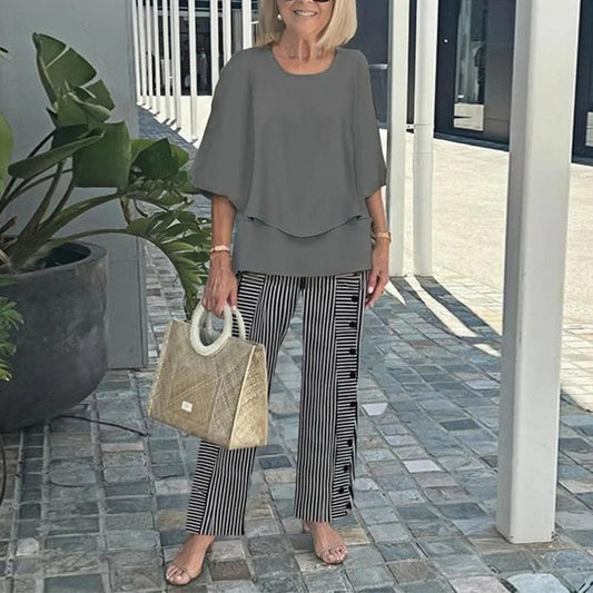 ✨Kvinnor casual rundhalsad halvärmad topp med tryck byxset