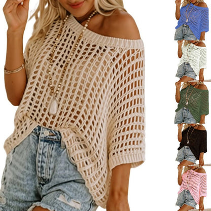 🎁2025 Ny het försäljning - Dam sommar scoop hals kortärmad tröja casual virkade ihåliga stickade toppar pullover skjortor strand täckning