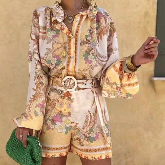 🌼Dam vintage 2-delat set - Retro blommig topp och shorts