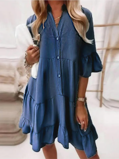 Klänning med V-ringning och Volanger – lätt denim-look🔥Köp 2 och få fri frakt