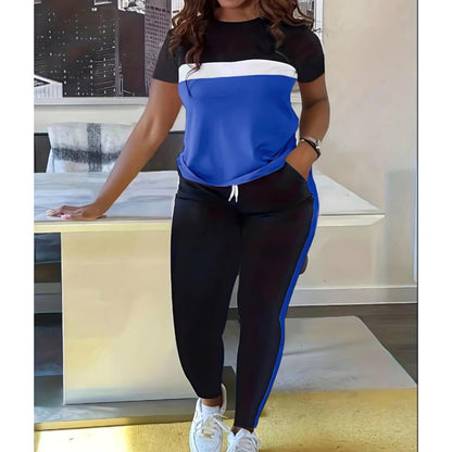 2-delat set med kortärmad topp och byxor med mudd och dragsko i kontrastfärg för kvinnor