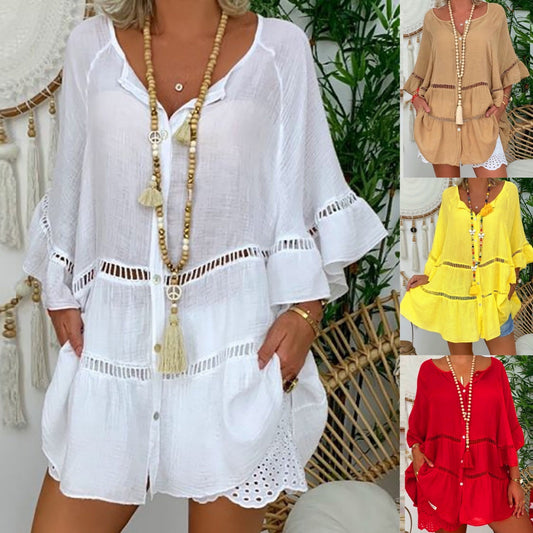 Trend just nu⭐ 🌾 Ledig V-ringad klänning med hålmönster och mjukt fall – enkel elegans för vardag och fest
