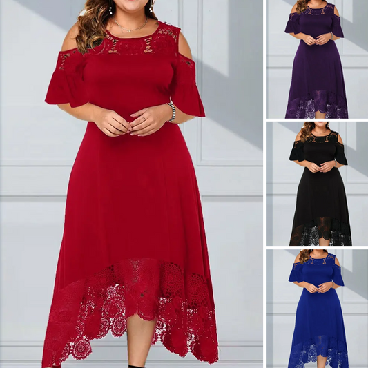 🔥Bästsäljare🔥 👗 Trendig off-shoulder-klänning med vacker spetsfåll – mjukt och andningsbart för fest och vardag