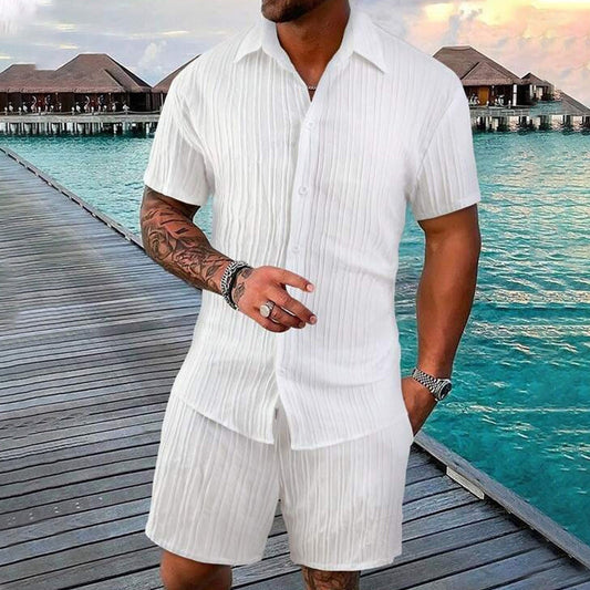 CASUAL STYLE✨Löst sittande kortärmad skjorta och shorts för herr, 2-delat set