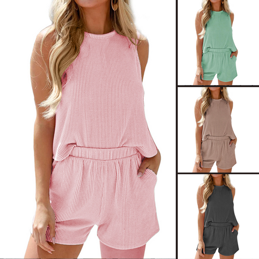 🌸Randigt tvådelat set med ärmlös väst och shorts🔥Köp 2 och få fri frakt