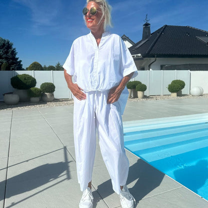💖Enkel, enfärgad kortärmad topp med krage och byxa med vida ben, 2-delat set