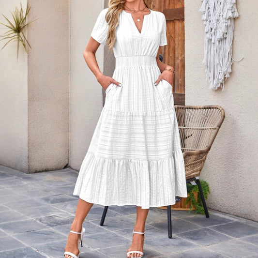 🎁Köp 2 och få fri frakt🔥👗Kortärmade V-neckade långklänningar för kvinnor med kort ärm