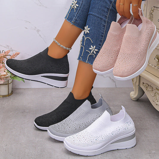 Slip-On Wedge Sneakers i mesh med strass för kvinnor🔥Köp 2 och få fri frakt