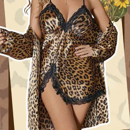 💥Limiterad upplaga!!! - Så länge lagret räcker💥Sexigt set med leopardmönstrad morgonrock och nattlinne