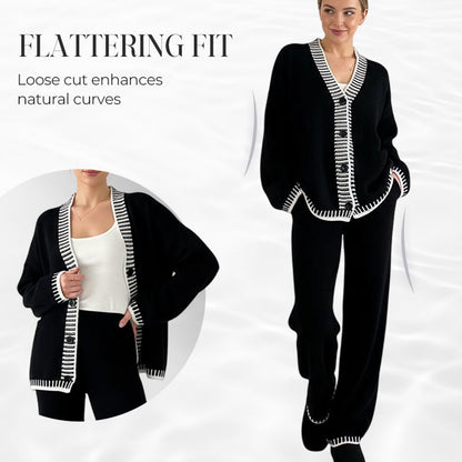 🎀Ultimat bekväma loungekläder - 50% rabatt under en begränsad tid🎀Snyggt tvådelat set med stickad kofta och vida byxor för kvinnor