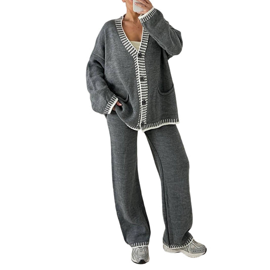 🎀Ultimat bekväma loungekläder - 50% rabatt under en begränsad tid🎀Snyggt tvådelat set med stickad kofta och vida byxor för kvinnor