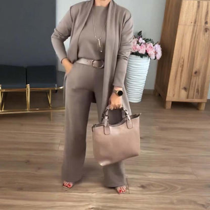 Elegant lång kofta, topp och byxor, 3-delars set