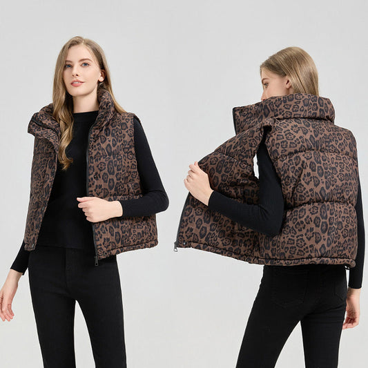 Lätt pufferväst för damer med leopardmönster🔥Köp 2 gratis frakt