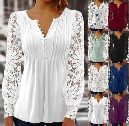 Bästsäljare🔥 👚 Romantisk spetsblus med blommönster – mjuk V-hals för en feminin silhuett