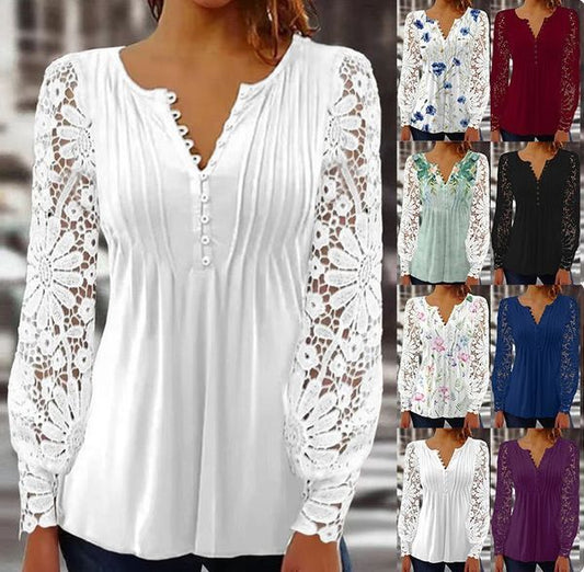 Bästsäljare🔥 👚 Romantisk spetsblus med blommönster – mjuk V-hals för en feminin silhuett