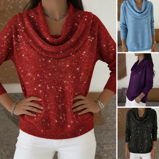 Sparkle Cowl Neck långärmad topp🎁Köp 2 och få fri frakt