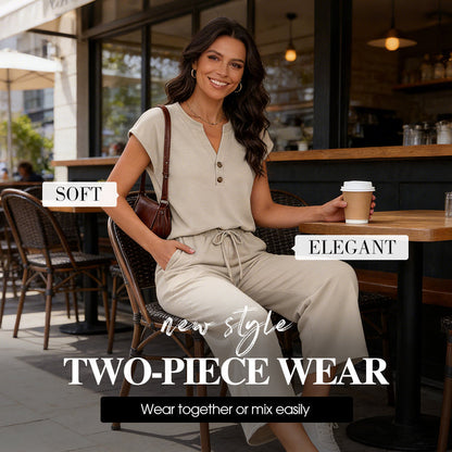 🔥🎁Nyhet 50 % RABATT🔥Short Sleeve Top and Wide Leg Pants Outfit