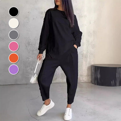 🌸✨Set med långärmade sweatshirts och byxor med oregelbunden nederkant för kvinnor