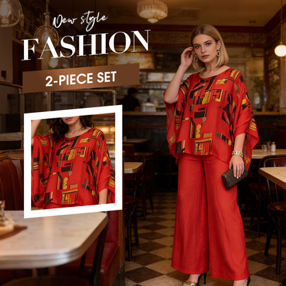 2-delat set med tryckt topp och byxor för damer