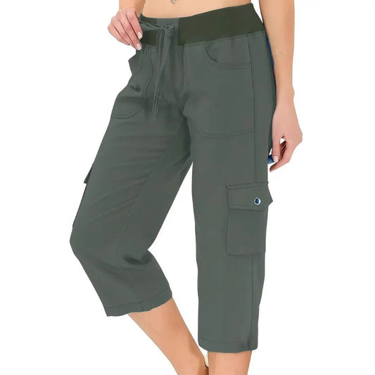 👖🌿 Enfärgade Cargo-byxor med Hög Midja & Dragsko 3/4-längd för Kvinnor – Bekväm, Stilren & Praktiska Fickor 🌸