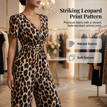 Jumpsuit med leopardmönster, V-ringning och vida ben