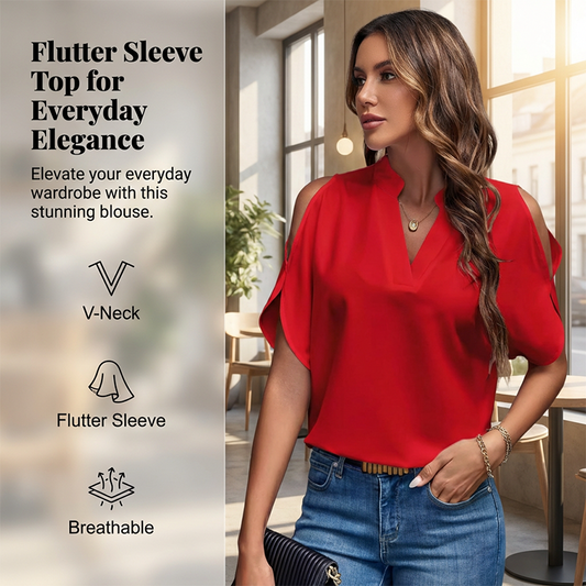 ☀️👗Damtröja med V-ringning, utskurna axlar och fladdrande ärmar👕
