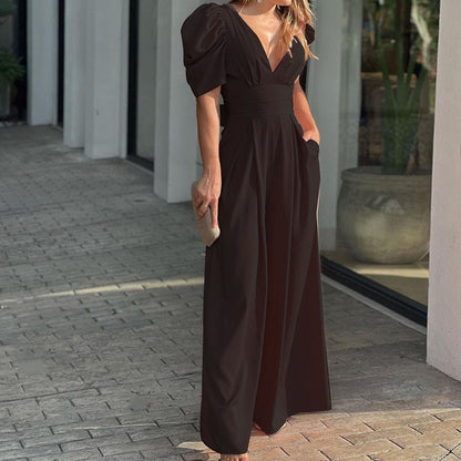 ✨ Djup V-ringad hög midja vida ben jumpsuit