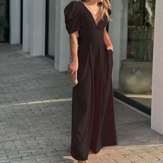 ✨ Djup V-ringad hög midja vida ben jumpsuit
